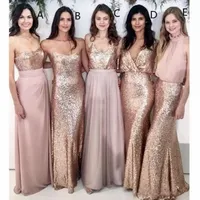Modest Blush Pink Bridesmaid Dresses Beach Wedding with Rose Gold Sequin Mismatched Maid of Honor Gowns Women Bridesmaids Party Formal Wear BM1924