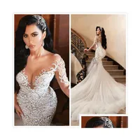 Mermaid Wedding Dresses Luxurious Sexy Arabic Beading Embroidery Bridal Sheer Neck Long Sleeves Gowns Zj194 Drop Delivery Party Event Dhbku