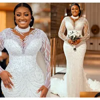Mermaid Wedding Dresses 2022 Plus Size Arabic Aso Ebi Sheer Neck Dress Long Sleeves Sexy Bridal Gowns Zj441 Drop Delivery Party Event Dhsur