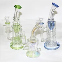 Hookahs Blue Green Color Recycler Glass Dab Rigs Percolator Water Pipes Glass Oil Rigs with 14mm Dry Herb Bowls Male Ash Catchers