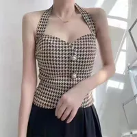 Women's Tanks Fashion Houndstooth Vest Women Vintage Halter Top Elegant Slim Fit Camisole Female Sexy Backless Low Cut Knitted Cropped