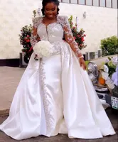 2023 Arabic Aso Ebi Mermaid Wedding Dresses with Detachable Train African Lace Beaded Pearls Vintage long sleeve Bridal Gowns