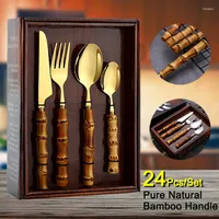 Dinnerware Sets 24Pcs Natural Bamboo Tableware Set Stainless Steel Includes Fork Knife Spoon Flatware With Gift Box Cutlery