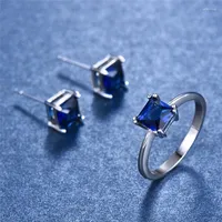 Brincos de colar Set Set Crystal Blue Stone Ring Luxury Fashion Boho Stud for Women Wedding Jewelry Gifts