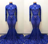 Fantastisk Royal Blue Mermaid Prom -klänningar Vintage High Neck Long Sleeve Lace Sequin Sheer Illusion Bodice Girls Formal Evening Party Graduation Gowns BC15009