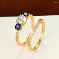 Wedding Rings Luxury Female Blue White Zircon Stone Set Promise Yellow Gold Color Engagement Ring Vintage For Women