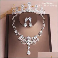 Headpieces Wedding Bridal Sier Shiny Jewelry Set Crown Headdress Necklace Earring Accessories Bling New Arrival Crystals Drop Delive Dhlhr