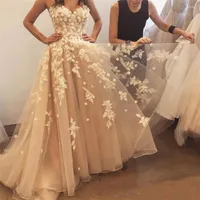Party Dresses Champagne Sweetheart Applique Lace Flower Tulle Prom Long Vestido De Festa Evening Dress Kleider Ball Gown