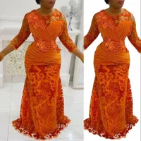 2023 Mother of the Bride Dresses For Wedding Orange Jewel Neck Sequined Lace Appliques Crystal Beads Mermaid Evening Party Gowns Mother Wedding Guest Groom Dress