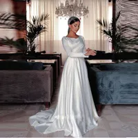 Modest Silk Satin Garden A Line Wedding Dresses Buttons Front Bride Gowns Long Sleeve Simple Vestido De Mariages
