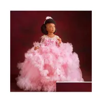 Flower Girls' Dresses Luxurious Pink 2021 Girl Sheer Neck Feather Little Wedding Communion Pageant Gowns Zj737 Drop Delivery Party E Dhyqo