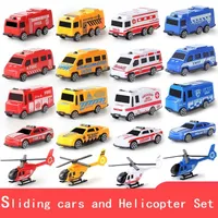 Diecast Model Car 5st Car and Helicopter Plan Set Toys For Children Plastic Vehicle Fire Truck Taxi Model Cosplay Game Children Christmas Gift 230202