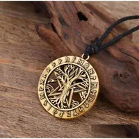 Pendant Necklaces Mysterious Wiccan Five Pointed Star Medal Tree Of Life Necklace Runes Adjustable Cord Chain Vintage Jewelry Drop D Dhqwm