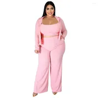 Tracksuits Kintted Solid Pink 3 Pieces Set Plus Size Women Clothing Casual Coast Tank And Long Pants Autumn Winter Large Outfit 2023