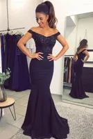 Party Dresses Navy Blue Mermaid Prom Off Shoulder Satin Sequined Beaded Lace Applique Sweep Train Zipper Back Long Evening Gowns