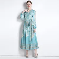 2023 Lace Up Bow Vintage Wrap Dress Lantern Sleeve V-Neck Slim A-Line Blue Maxi Dress For Special Occasion Spring Autumn Birthday Dinner Vacation Ladies Party Robe