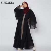 Ethnic Clothing Siskakia Elegant Chiffon Kimono klänning Solid Muslim Open Abaya 2 -knappar Dubai Turkiet Arabic Oman Islamic Women 2023