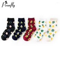 Women Socks PEONFLY Korean Fresh Fruits Funny Lemon Avocado Pineapple Cherry Pattern Casual Combed Cotton Calcetines Mujer