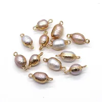 Pendant Necklaces 2pcs pack Natural Freshwater Pearl Connectors Rice Shaped Double Hole Gold Color Edged 8x18-9x20mm DIY For Making