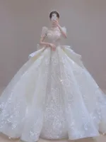 2023 Luxury Beaded Embroidery Ball Gowns Wedding Dresses Princess Gown Corset Sweetheart Organza Ruffles Cathedral Train sequined crystal Plus Size Bridal Dress