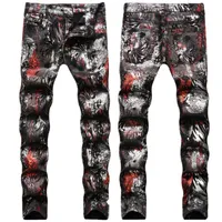 Мужские джинсы европейский американский стиль мейнстрим модный личность леопардовый рисунок рисовать распечатки граффити тонкие брюки брюки брюки большого размера SHX669