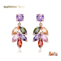 Dangle Chandelier Fashion Colorf Zircon Leaf Earrings For Women Rose Gold Plated Leaves Rainbow Drop Trendy Jewelry Party Delivery Ot4Kf