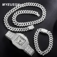 Bracelet Necklace Hip Hop 13MM Cuban Chain 3PCS WatchNecklaceBracelet Bling Crystal Iced Out Rhinestones Chains For Women Men Jewelry Gift 230202