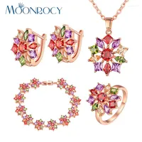 Necklace Earrings Set MOONROCY Fashion Jewelry Rose Gold Color CZ Crystal Ring And Bracelet For Women