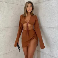 Women's Tracksuits Summer Women Set Solid V Neck Long Sleeve Lce Up Short Top And High Waist Mini Skirt Sexy Street Two Pieces