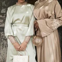 Ethnic Clothing Satin Abaya Hijab Dress Muslim Women Beading Elegant Beaded Cuffs Arab Islamic Dubai Turkey Eid Ramadan