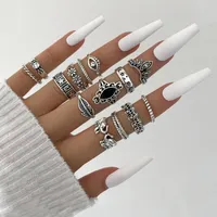Wedding Rings Personality Retro Black Crystal Elephant Flower Joint Ring Sets Silver Color Carved Knuckle Finger For Women