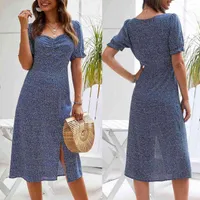 Party Dresses Retro Printed Square Collar Long Dress Summer Casual Ladies Elegant Slim Split Blue