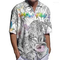 Men's Casual Shirts Summer Men Oversized Shirt Birds Print Half Sleeve Tops Men's Clothes Hawaiian Quick Dry Cardigan Blouses High-End