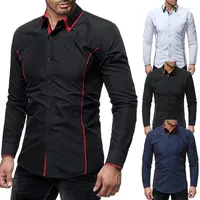 Men's Casual Shirts Double Collar For Men Long Sleeve Fashion Mens Cotton Shirt Blouse Tops Stripe Patchwork Slim Bussiness Clothing