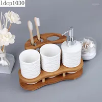 Bath Accessory Set Bathroom Accessories White Ceramic Wave Pattern Lotion Bottle Mouthwash Cup With Bamboo Frame Storage Simple Supplies