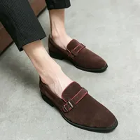 Loafers Men Shoes Faux Suede Low Heel Solid Color Slip-On Belt Buckle Decorative Classic Comfort Business Dress Shoes HM378
