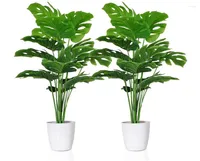 Decorative Flowers 2 Artificial Monstera Deliciosa Plants In Plastic Pots Fake Tropical Palm Tree With Greenery Leaves Stems 28 Inch C