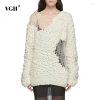 Kadın Sweaters Vgh Sıradan Bej Düzensiz Kes Süveter Yuvarlak Boyun Uzun Kollu Kore Moda Gevşek Kadın 2023 Sonbahar