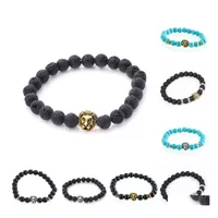 Charm Bracelets Charms For Men Plated Buddha Leo Lion Head Bracelet Black Lava Natural Stone Beaded Drop Delivery Jewelry Dhkxq