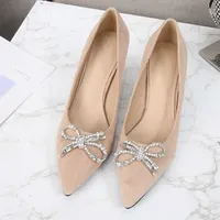 new pointed thin heel low top shallow mouth women's diamond studded bow tie nude high heels shoes