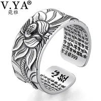 Solitaire Ring V.YA 100% Real 999 Pure Silver Jewelry Lotus Flower Open Ring For Men Male Fashion Free Size Buddhistic Heart Sutra Rings Gifts 230203