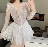 Casual Dresses French Style Women Autumn Long Sleeve V Neck Sexy Short Lace Dress High Waist Ball Gown Basic Robe Vestidos