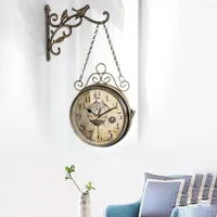 Wall Clocks Double Sided Battery Powered Metal Vintage Style Clock Antique Circle Station 2- Side Hanging Home