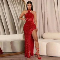 Casual Dresses Women Fashion Style Banquet Party Dress Sexy High Split Sequin Halter Evening Sleeveless Slim Fit Bodycon Women's