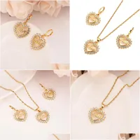 Earrings Necklace Fashion Love Heart White Cz Crystal 22 K 23 24 Thai Baht Fine Gold Plated Earring Pendant Jewelry Sets Women Dro Dhxr0