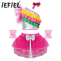 Stage Wear Kids Girls Cheerleading Dance Set Sleeveless Ballet Crop Top With Skirt And Cuffs Headband Outfits For Performance