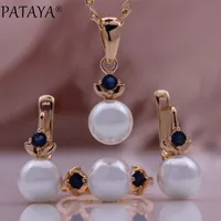 Wedding Jewelry Sets PATAYA Blue Zircon Shell Pearl Earrings Ring Pendants Set 585 Rose Gold Color Women Fashion Christmas Gift Fine 230203