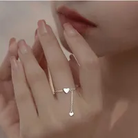 Solitaire Ring Simple Heart Tassel Adjustable s Silver Color Chain Pendant Romantic Circle Geometric s Women Girl Finger Jewelry Y2302