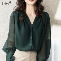 Women's Blouses Shirts Elegant Summer Gauze Long Sleeve Solid Color Button V-neck Blouses Straight Loose Chiffon Thin Comfortable Women's Clothing 230203