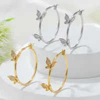 Hoop Earrings Exaggerated Big Stainless Steel Round For Women Inlaid Small Zircon Butterfly Female Luxury Jewelry Gift